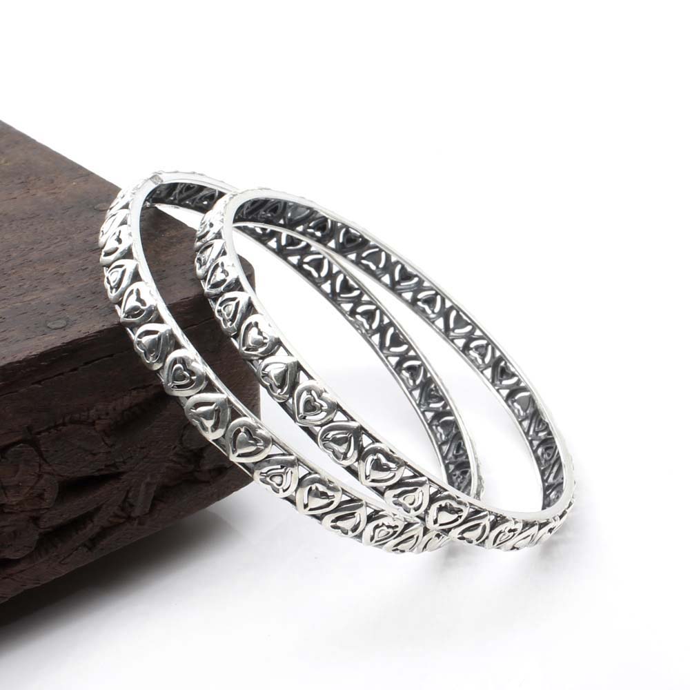 Cute Heart Real Sterling Silver Oxidized Women Bangles - 6 CM