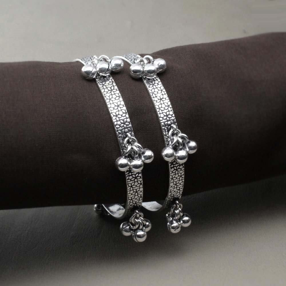 Real Sterling Silver with jingle Bells Women Oxidized Bangles Pair