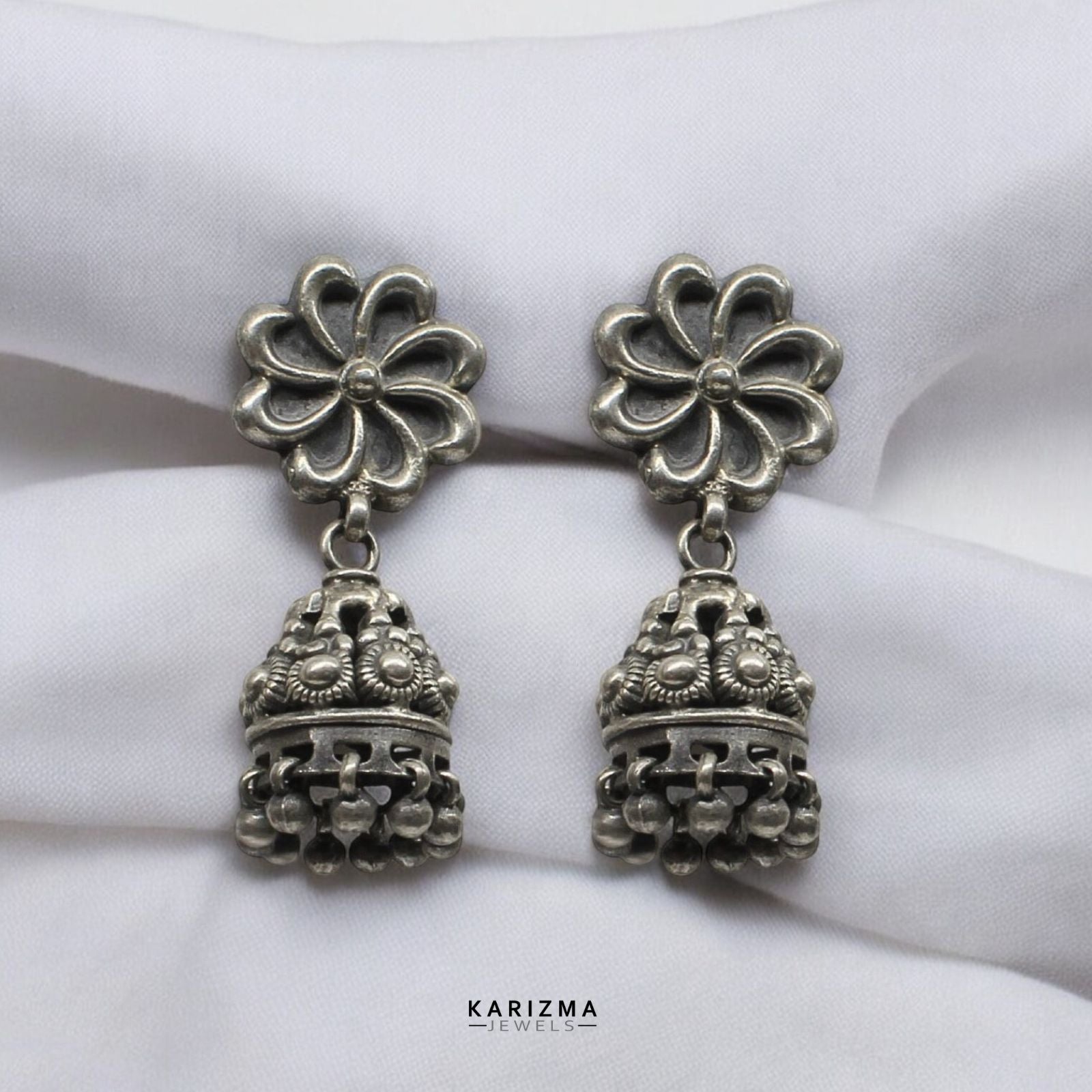 925 Sterling Silver Oxidized Flower and Ghunghroo dangle Jumka