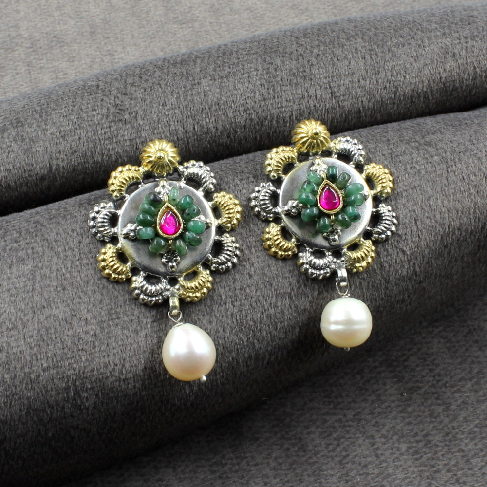 Jaipuri style two tone Real 925 Silver Dangle Emerald Pearl Jhumka Earrings for Women