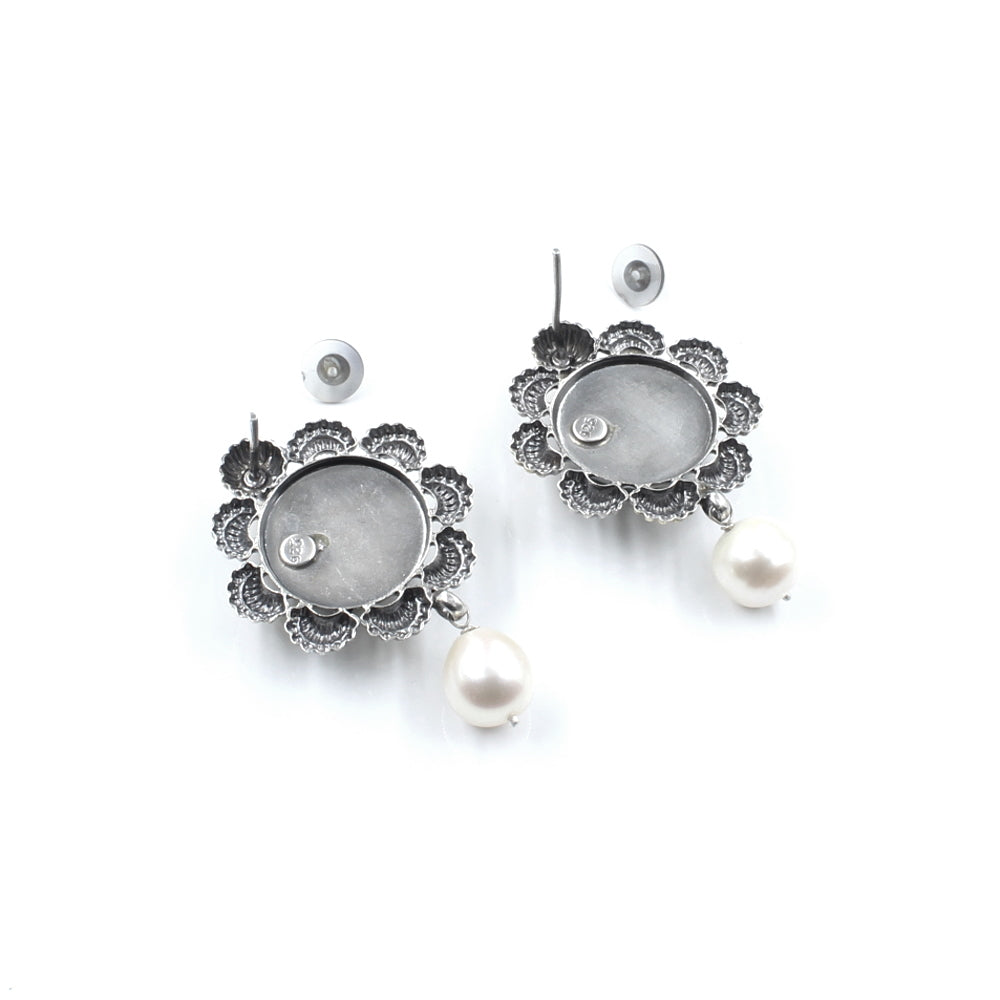 Jaipuri style two tone Real 925 Silver Dangle Emerald Pearl Jhumka Earrings for Women