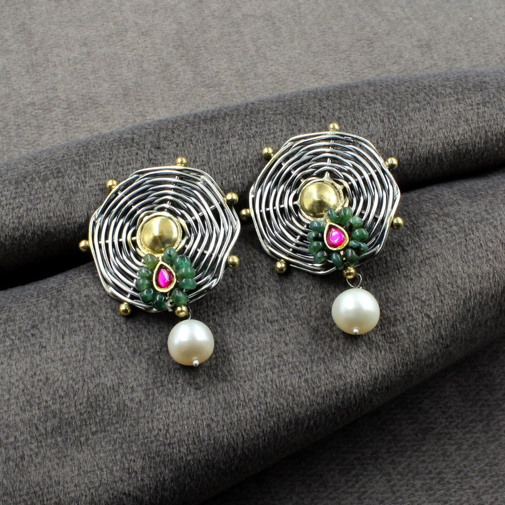 Cute Women Traditional Two Tone Real 925 Silver Emerald Pearl Earrings