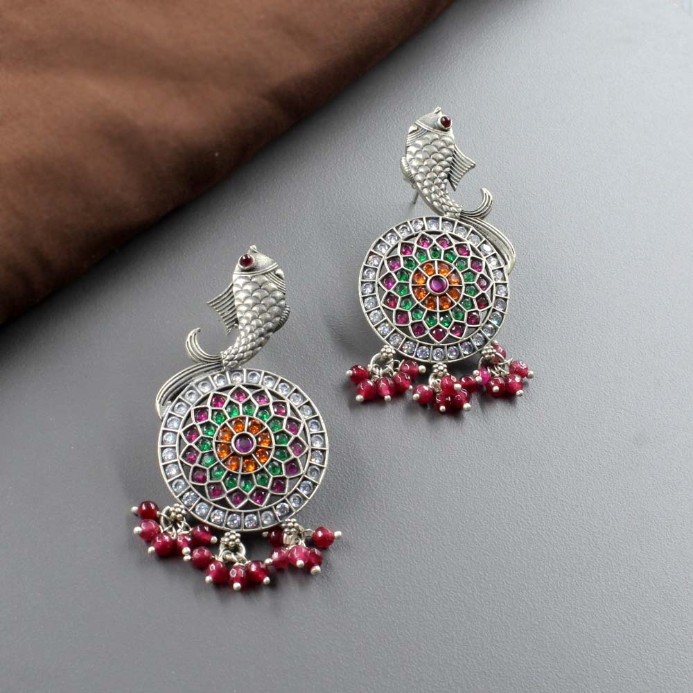 Real 925 Sterling Silver Fish Design Oxidized Kundan Earrings