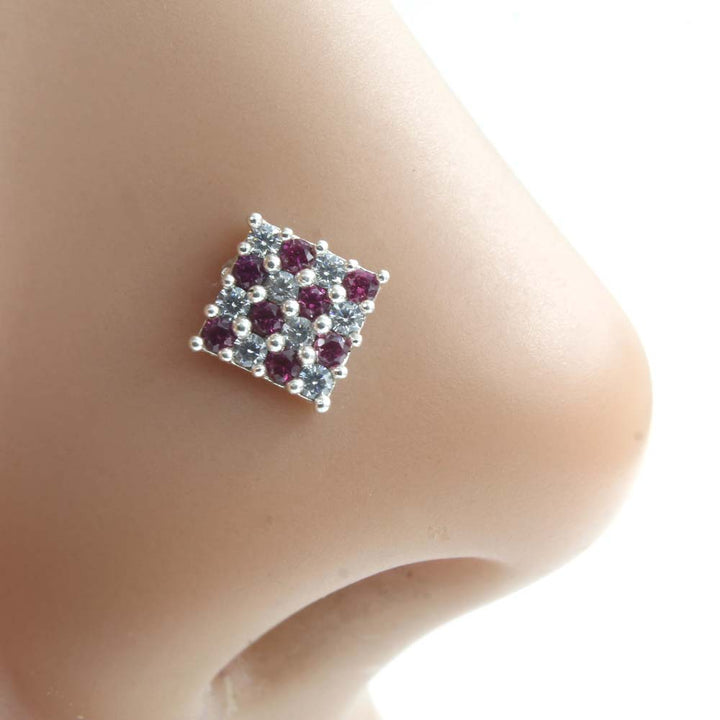 Square Style Real 925 Silver Pink White CZ Women Screw Nose Stud