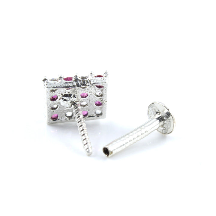 Square Style Real 925 Silver Pink White CZ Women Screw Nose Stud