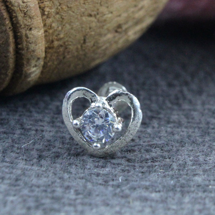 Heart Style Real 925 Sterling Silver White CZ Women Screw Nose Stud