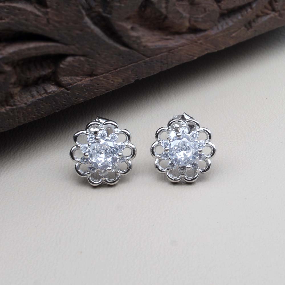 Fine Sterling Silver CZ Silver Stud Earring Set In Platinum Finish