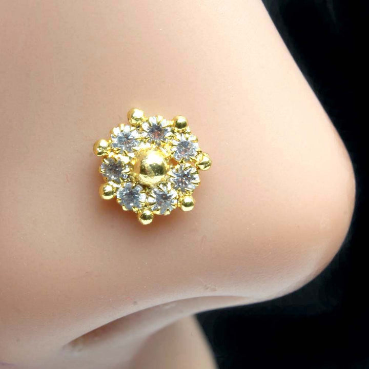 Cute Floral Indian Gold Plated Nose Stud White CZ Twisted nose ring 22g