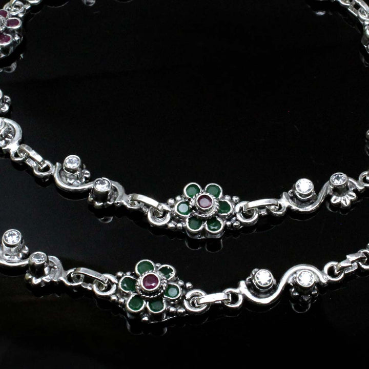 Cute Traditionally Real Oxidized 925 Silver Multi CZ Anklets Ankle 10"