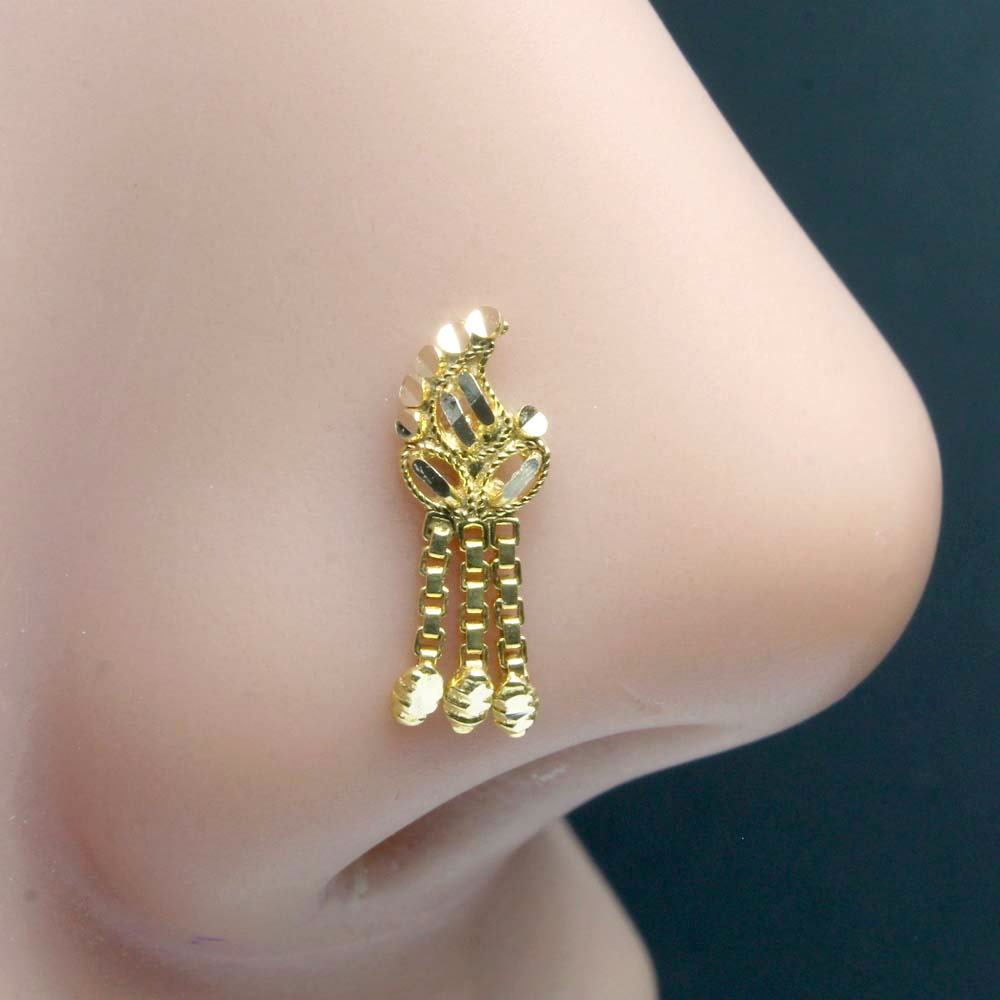 Ethnic Indian Dangle Style Real Solid Gold 14K nose ring Push Pin
