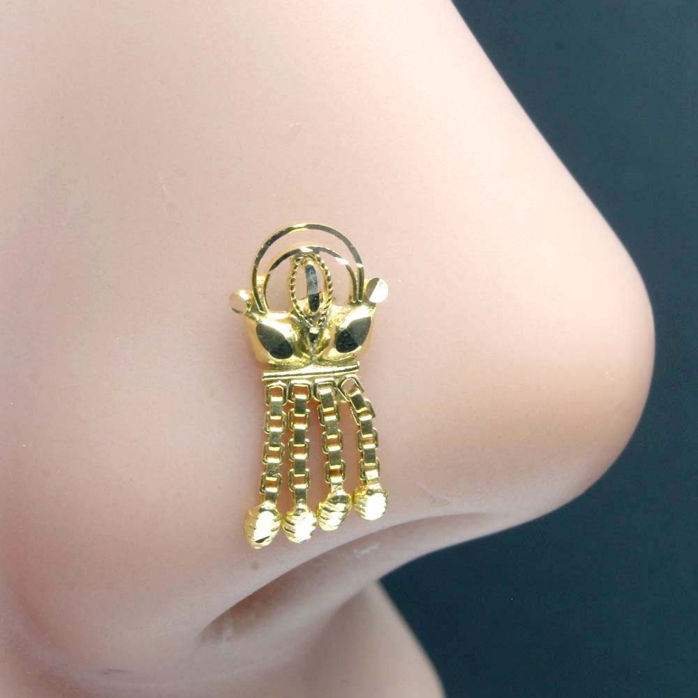 Indian Dangle Style Women Piercing Nose Stud Pin Pure Solid 14k Solid Gold