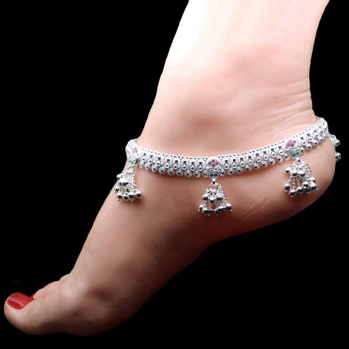 Indian Women Real 925 Silver Green Pink CZ Anklets Ankle Bracelet Pair 10.6"