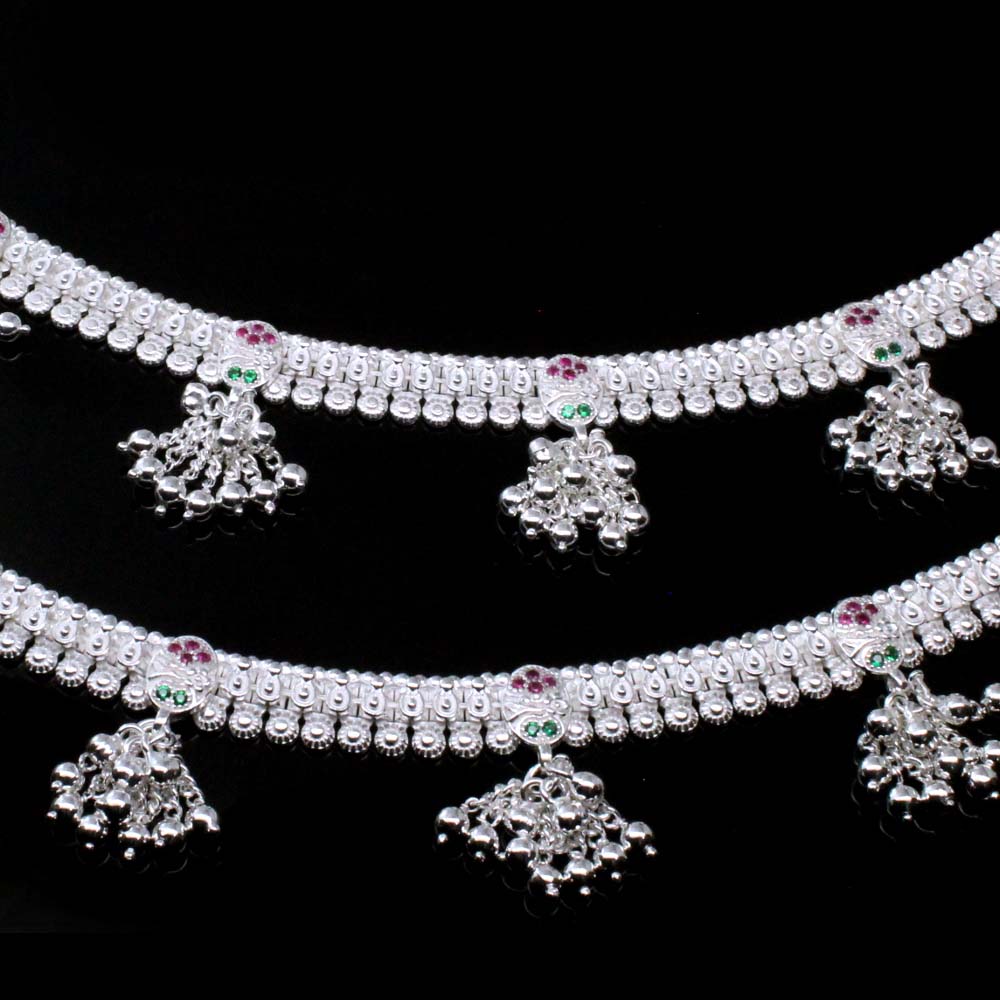 Indian Women Real 925 Silver Green Pink CZ Anklets Ankle Bracelet Pair 10.6"