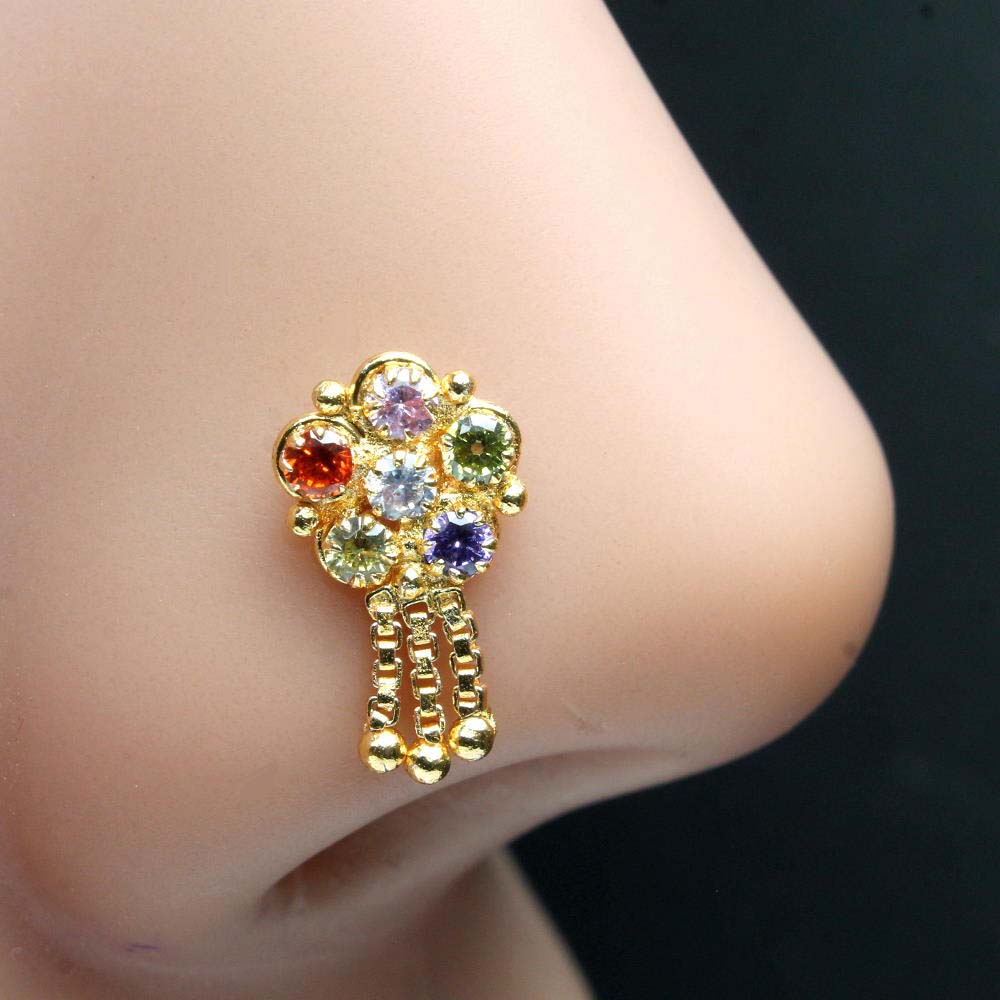 Ethnic Dangle Style Gold Plated Nose Stud Multi CZ Twisted nose ring