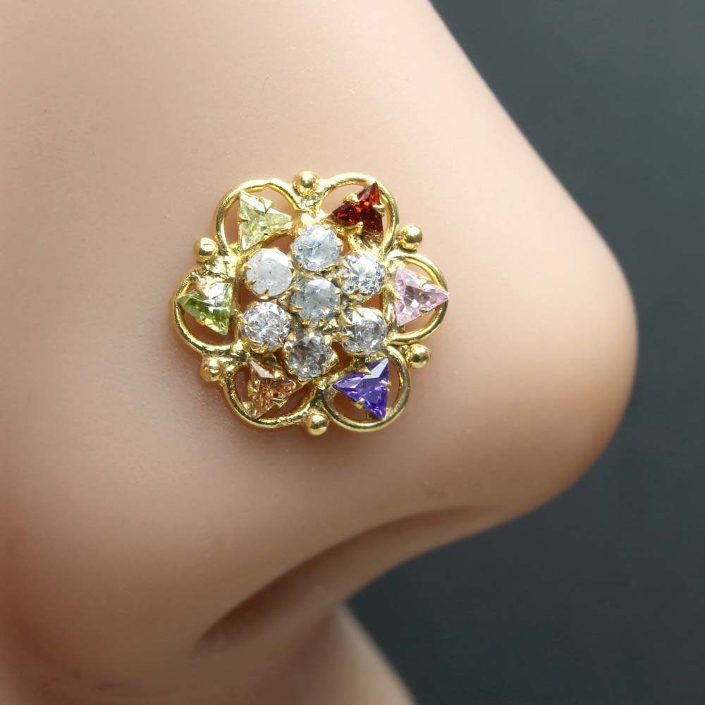 Pin Gold Flower Floral Nose Pin Indian Floral Gold Plated Nose Stud Multi CZ Twisted Nose Ring 24g