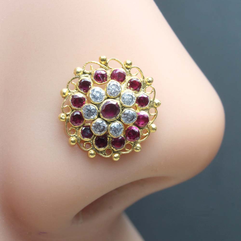 Big Ethnic Gold Plated Women Nose Stud CZ Twisted nose ring 24g