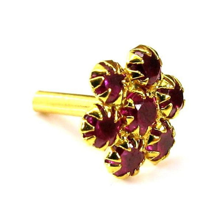 Indian Style Pink CZ Body Piercing Nose stud Pin Solid Real 14k Yellow Gold