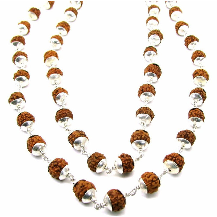 Pure Silver Natural Rudraksha 108 Beads Prayer Meditation Mala Necklace