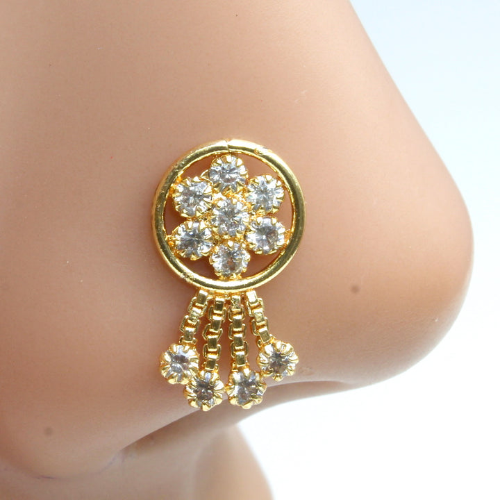 Gold Plated Dangle Indian Nose ring Round White CZ Twisted nose ring 22g
