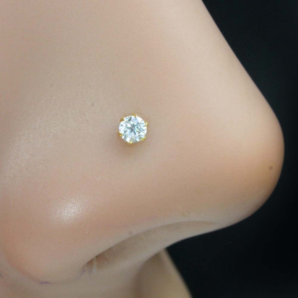 Tiny Indian White CZ Nose Stud Nose Pin Solid 14k Yellow Gold