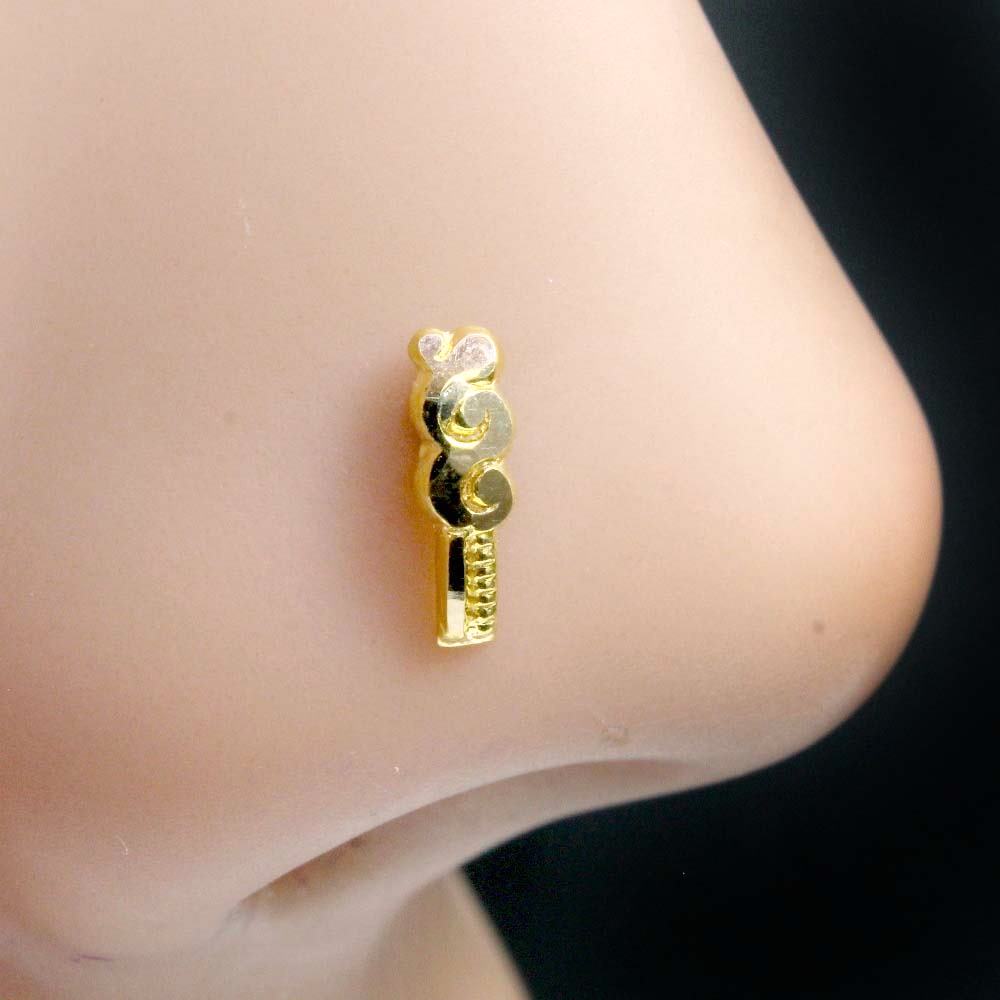 Ethnic Vertical Indian Style 14K Real Gold Nose Stud Indian Push