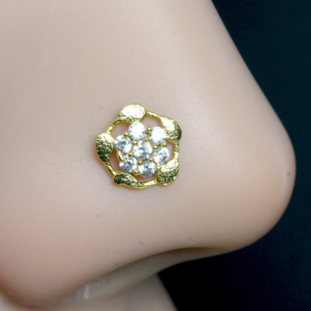 Gold Plated Floral Women Nose Stud CZ Twisted nose ring 22g