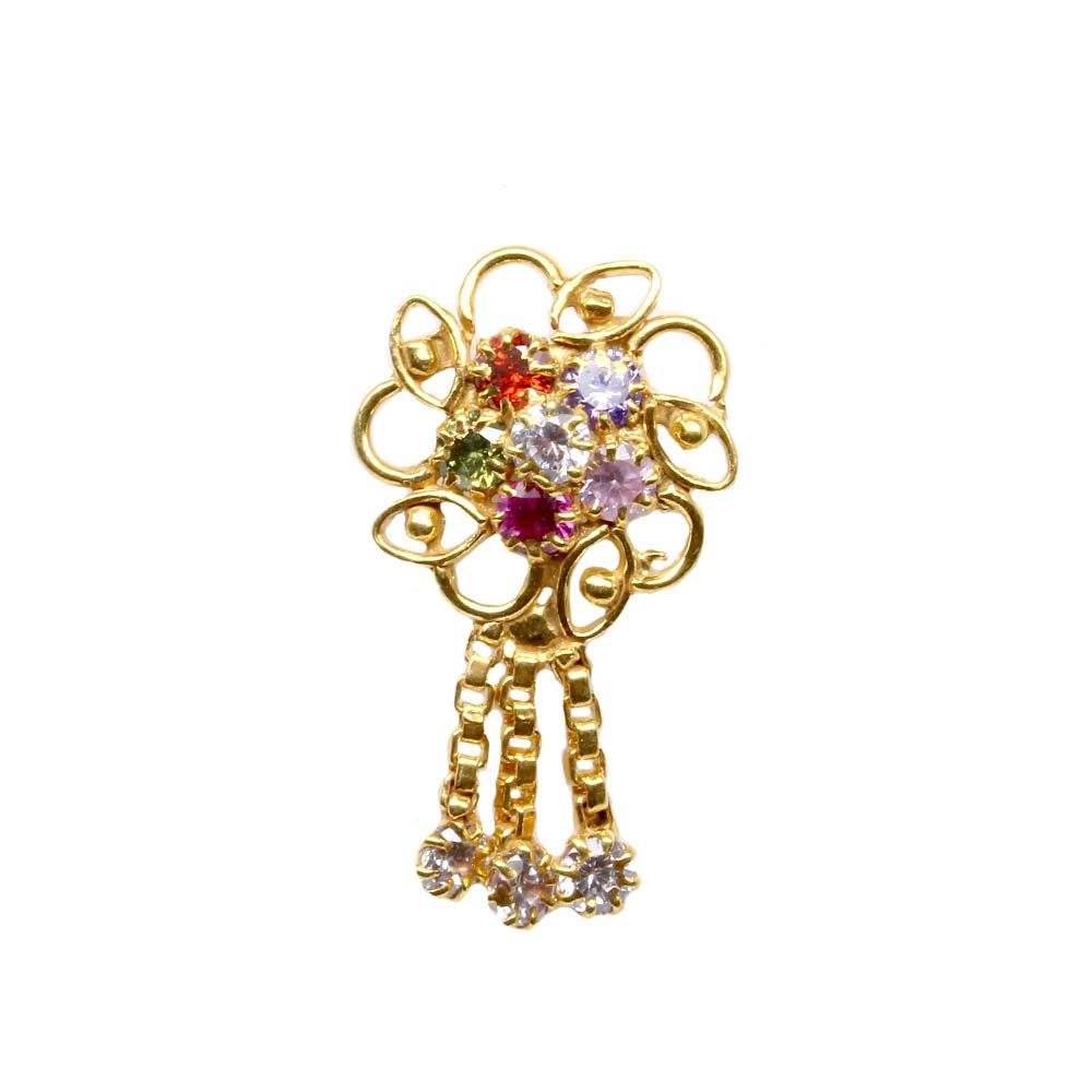 Indian Gold Plated Nose Stud, Multi-color CZ corkscrew piercing nose ring