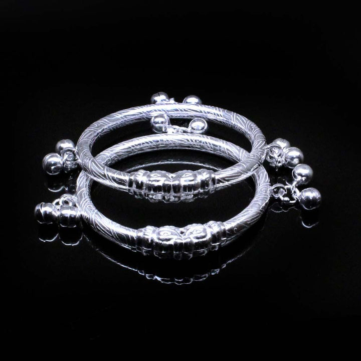 Elephant Face Real Silver Baby Toddler Bangles Bracelet With Jingle Bells - Pair