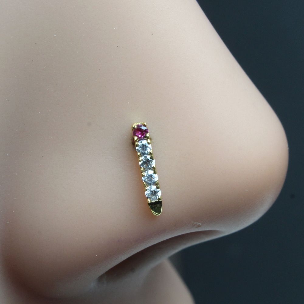 Gold Plated Indian Nose Stud, Pink White CZ corkscrew piercing nose ring