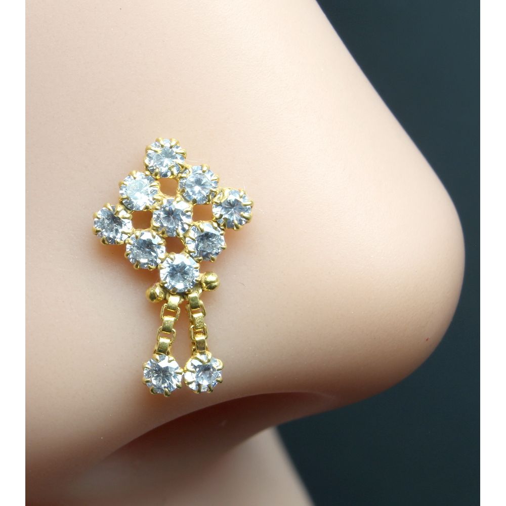 22K Gold filled Indian Nose Stud, White CZ corkscrew piercing nose ring