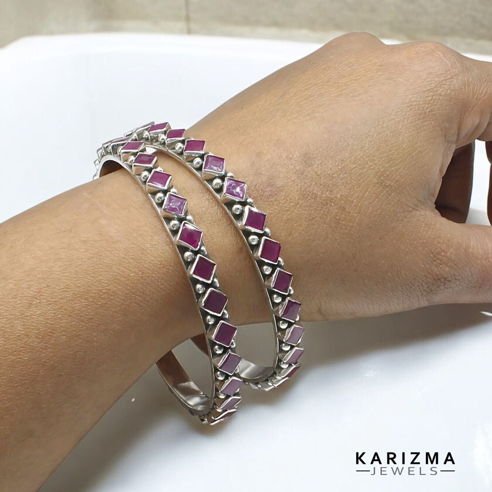 Real 925 Silver Pink Ruby Women Excellent gifting Oxidized Bangles