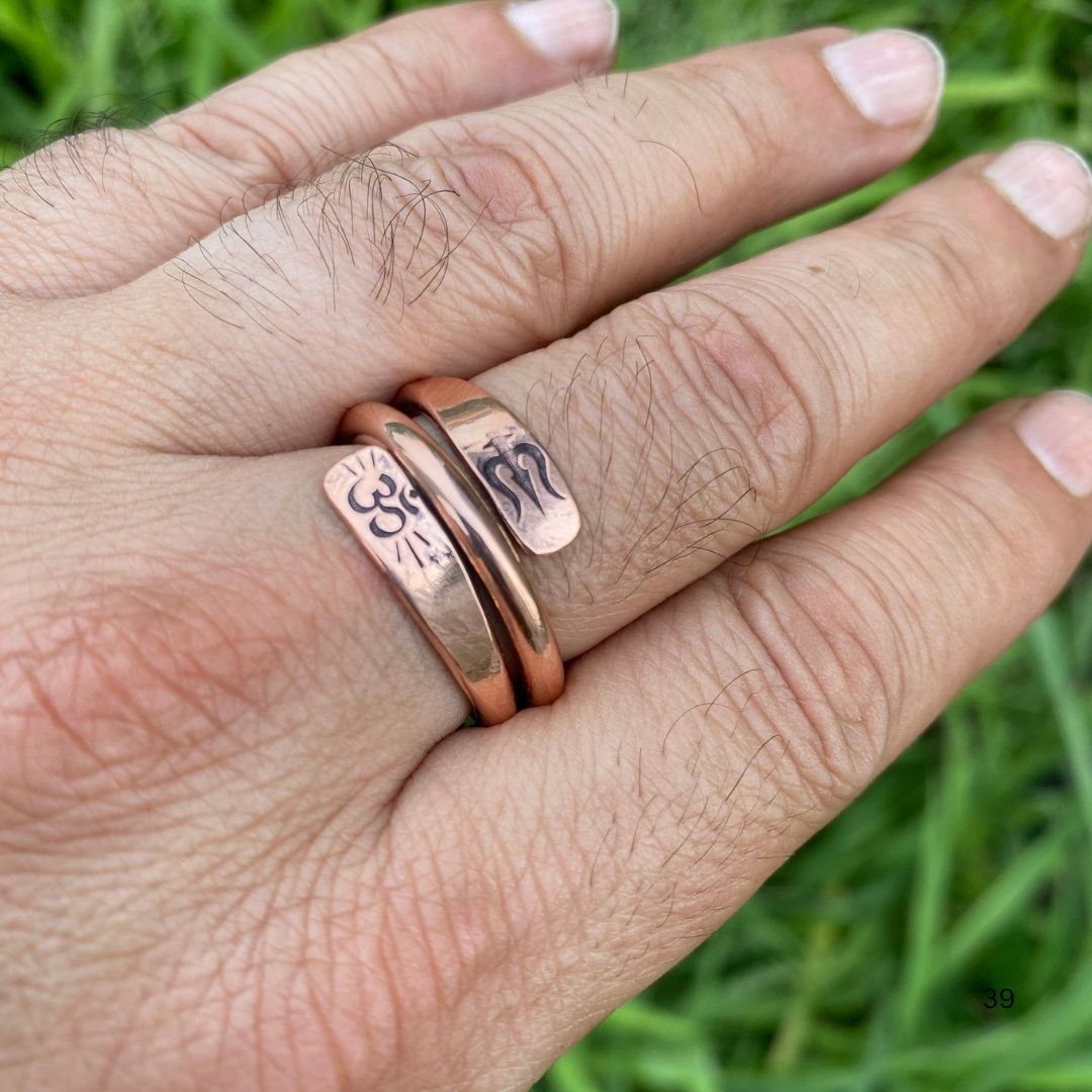 Heavy Pure Copper Ring – Double Line Adjustable Trishul & Om Engraved Design
