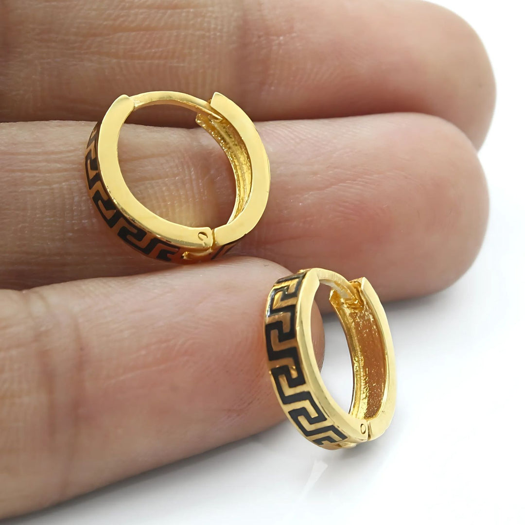 Indian hinged hoop Greek Key Design Earrings 18k Solid Yellow Gold