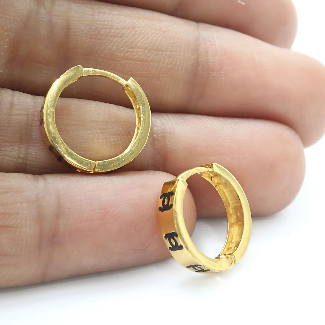 18k Real Solid Gold Indian hinged hoop Double C Design Earrings