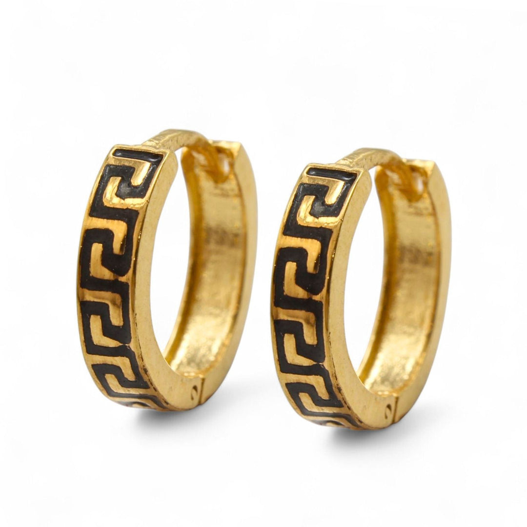 Indian hinged hoop Greek Key Design Earrings 18k Solid Yellow Gold