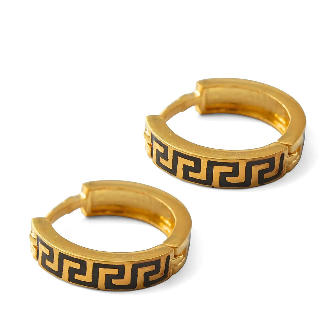 Indian hinged hoop Greek Key Design Earrings 18k Solid Yellow Gold