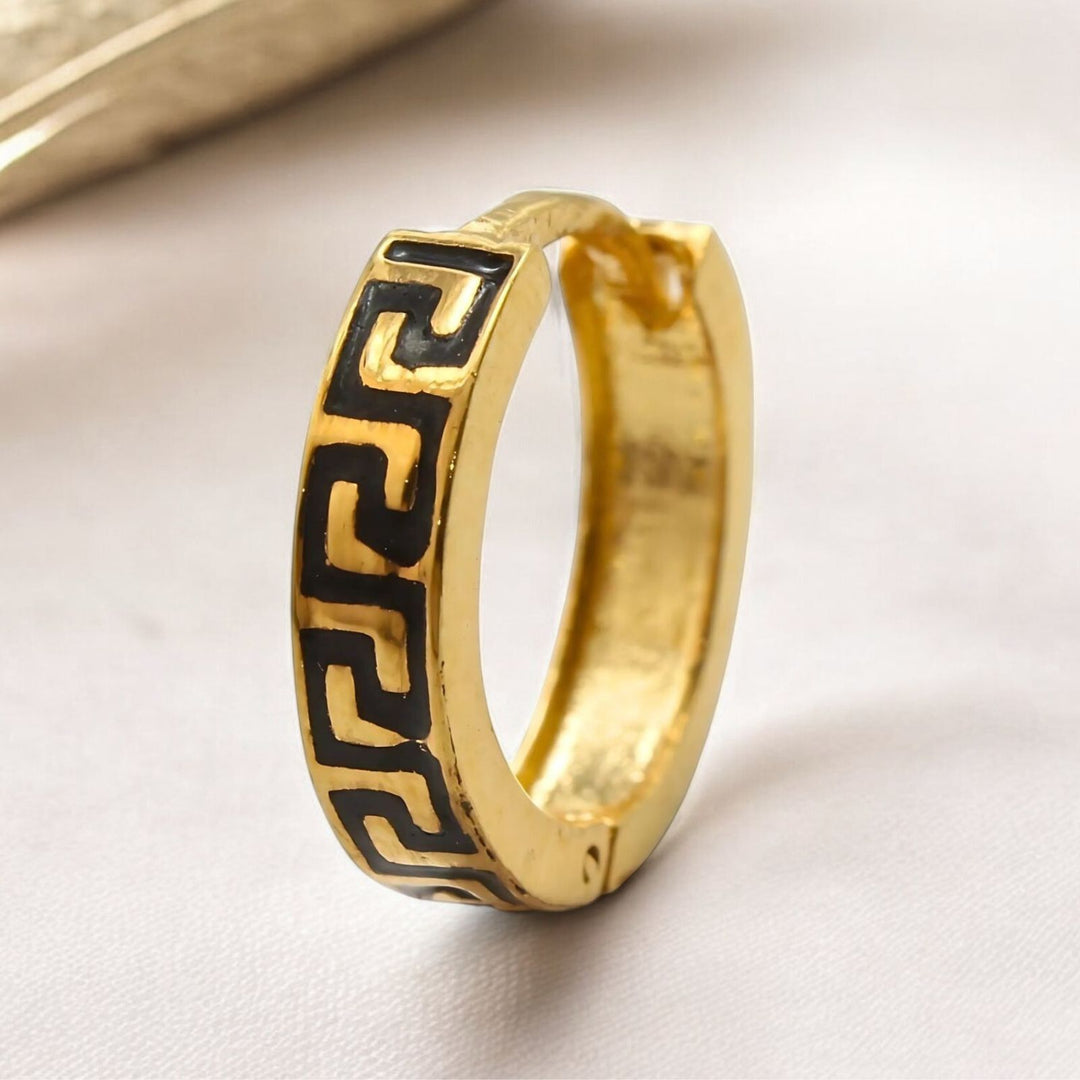 Indian hinged hoop Greek Key Design Earrings 18k Solid Yellow Gold