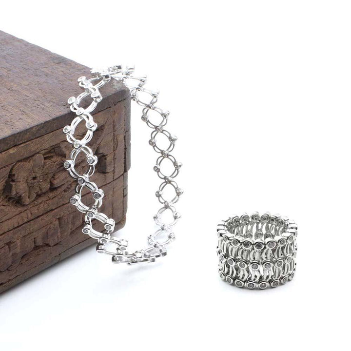 Indian Trendy Real Silver White CZ 2 In 1 Ring Bracelet (Free Size)