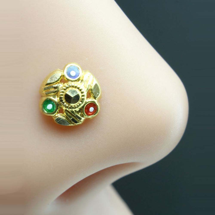 Real Gold Nose Stud in 14K for Piercing Nose with Trio color stones