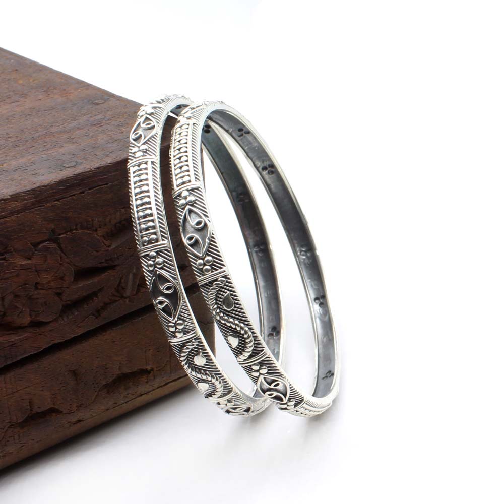 Ethnic Real Sterling Silver Oxidized Women Bangles - 6.2 CM