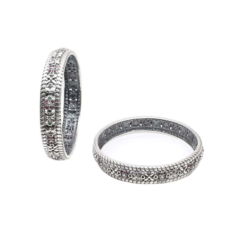 Indian Traditional Real Sterling Silver CZ Women Oxidized Bangles Pair - 6.2 CM