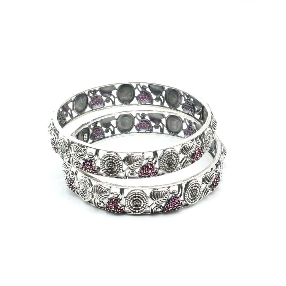 Real 925 Silver Pink CZ Women Oxidized Bangles Pair - 6.2 CM