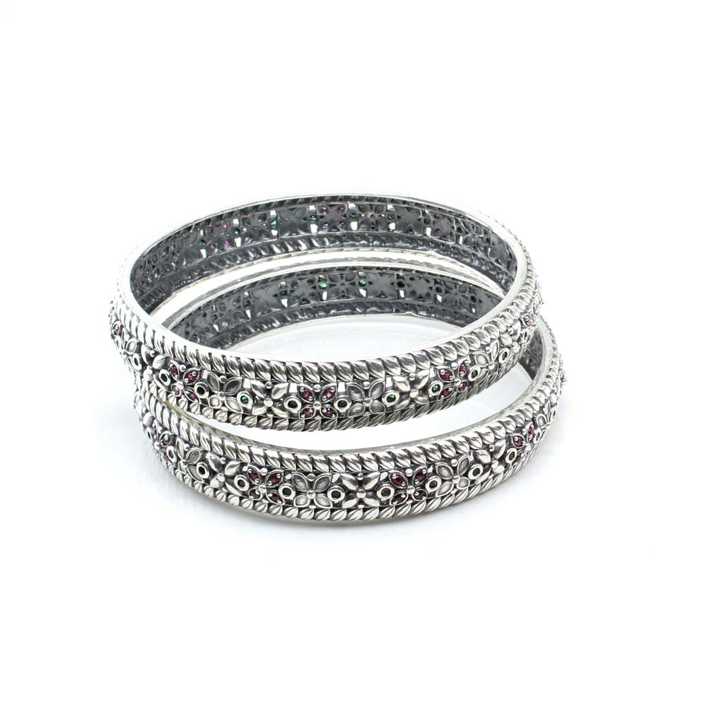 Indian Traditional Real Sterling Silver CZ Women Oxidized Bangles Pair - 6.2 CM