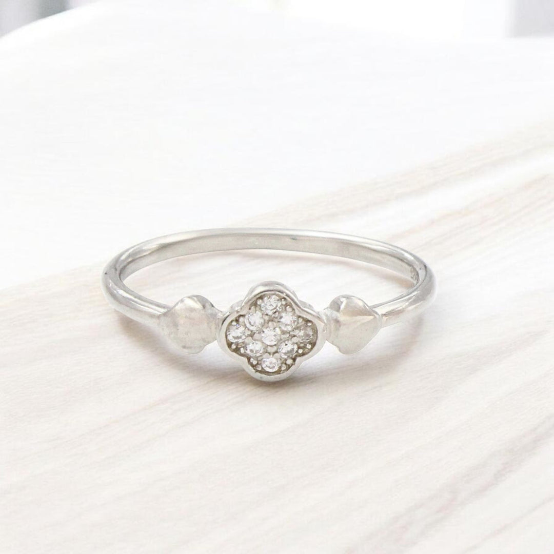 925 Real Silver White CZ Platinum Finish Quatrefoil Ring