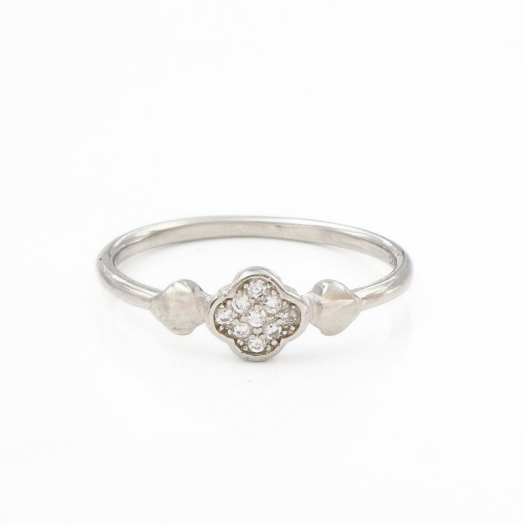 925 Real Silver White CZ Platinum Finish Quatrefoil Ring