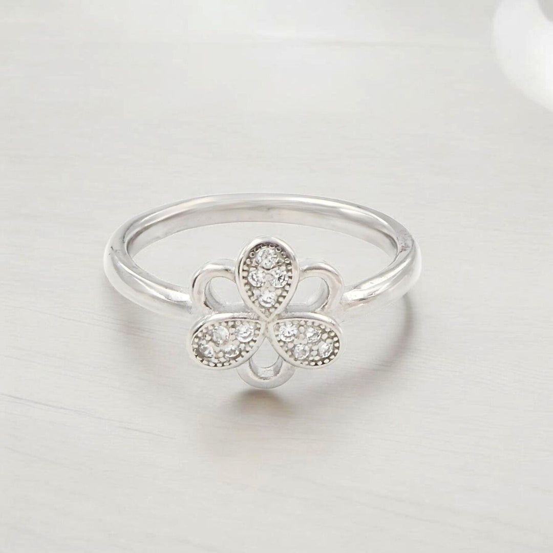 925 Real Silver White CZ Platinum Finish Clover Ring