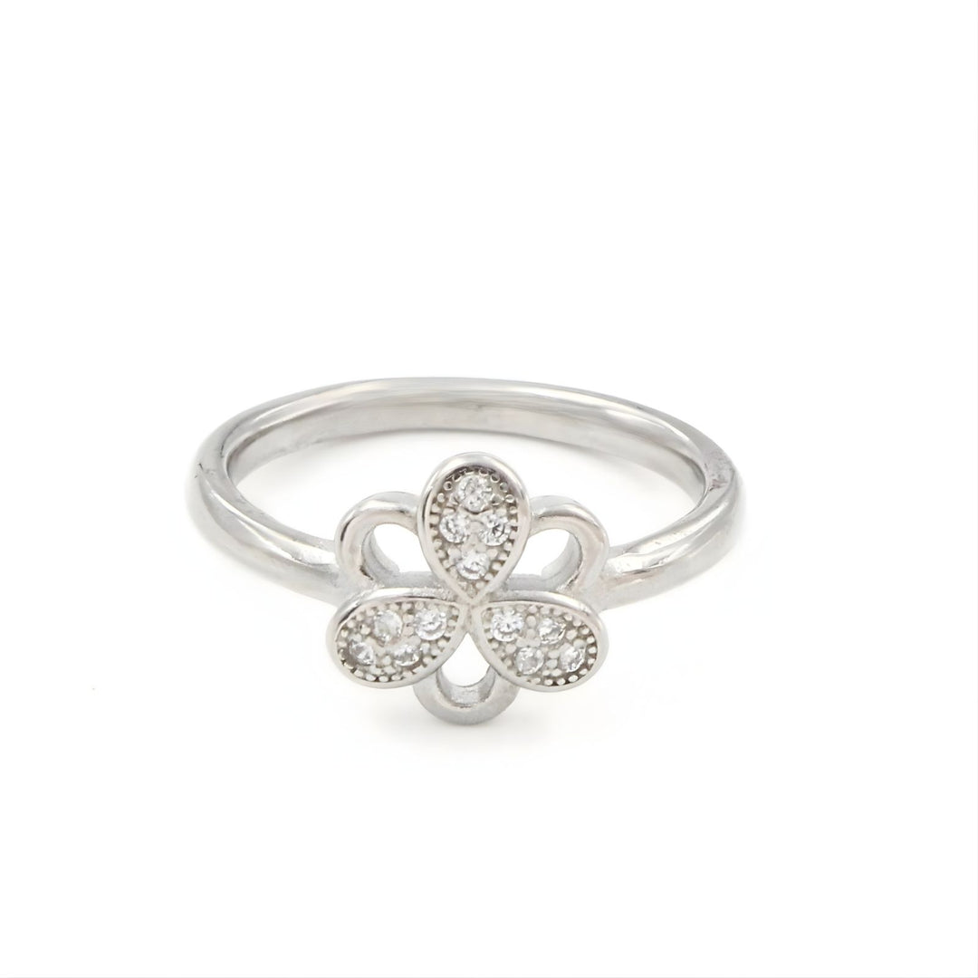 925 Real Silver White CZ Platinum Finish Clover Ring