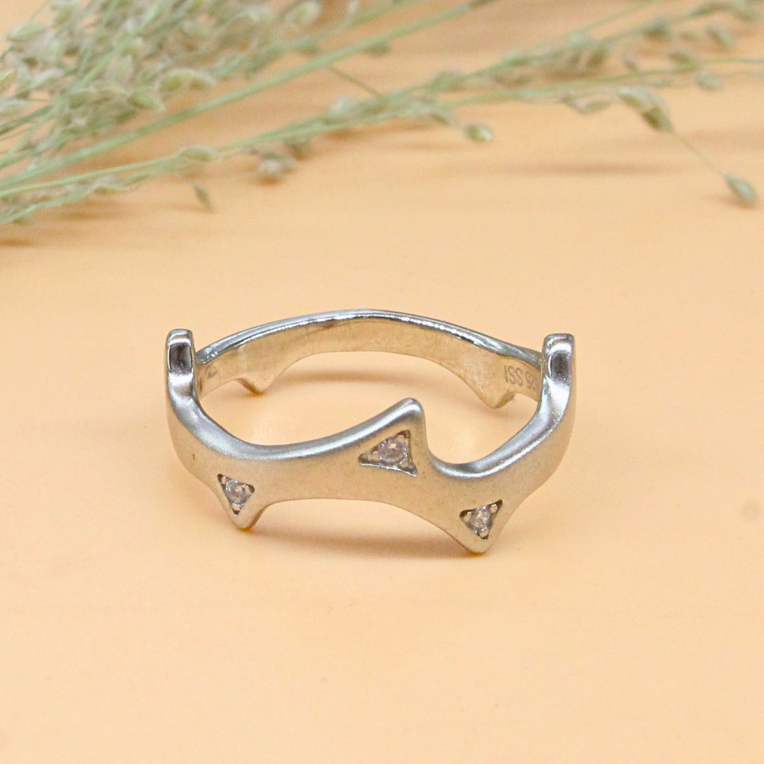 925 Real Silver White CZ Narrow Bend Thorny Ring