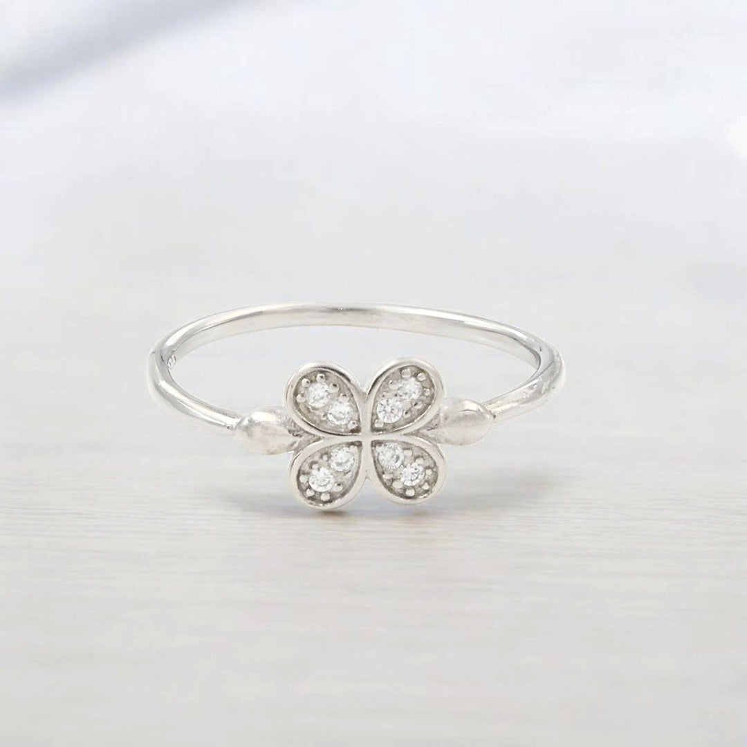 White CZ Lucky Clover 925 Real Silver Ring