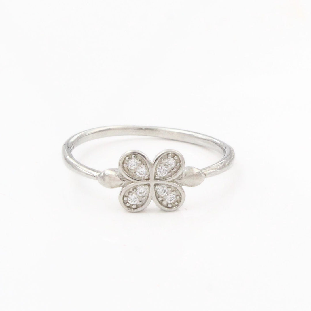 White CZ Lucky Clover 925 Real Silver Ring
